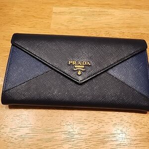 Prada Navy Saffiano Envelope Wallet with Gold Logo